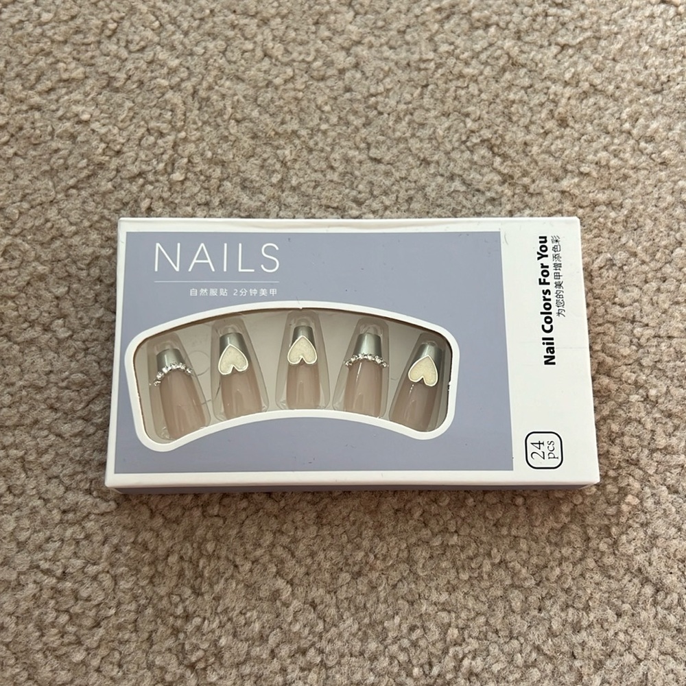 Silver French Tips with Rhinestones and Hearts Press-On Nails